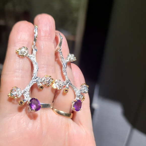 Amethyst & Sapphire floral sterling & gold dramatic earrings - Picture 5 of 6
